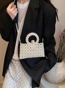 1 Pc Fashionable And Versatile Faux Pearl Material Diamond Grid Hollow Bead Mini Small Square Bag For Women's Summer Casual Mobile MINI Diamond Shaped Bag Handbag Suitable For Vacation Travel&Outdoor Leisure Shopping&Fashion Clothing Matching There Are Two Sizes To Choose From