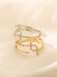 Anéis de aço inoxidável com cruz deslocada de zircônia cúbica minúscula para mulheres, anel ajustável aberto antidesbotamento banhado a ouro 18K, joias com pingente dourado para casamento, acessórios para festas e férias, presentes para ela/mãe/melhores amigas - Aço inoxidável - Ver 5