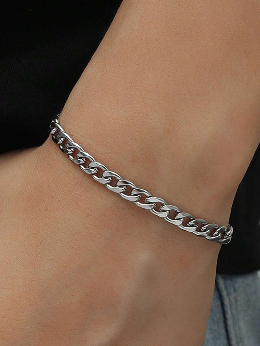 1pc Link Bracelet, Hip Hop Fashion Versatile Titanium Steel Chain Bracelet For Men - Silver - View 1