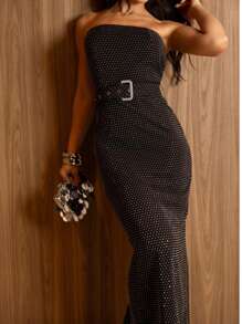 Black Strapless Shiny Elegant Midi Dress - 黑色 - 查看 4