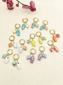 1 对可爱手绘陶瓷鱼和花装饰不锈钢环状耳环，女士日常、度假、约会礼物 - 小魚耳圈 - 查看 3