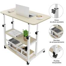 Mesa de Computadora Elevable con 3 Estantes, Altura Ajustable con Ruedas, Mesa Lateral Móvil para Dormitorio y Oficina, 60*40cm - Caqui - Ver 3
