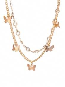 1pc Unique Luxury Rhinestone Butterfly Pendant Double-Layer Necklace, Versatile Elegant Accessory, Suitable For Women Daily Wear, Party, Gift For Friends'