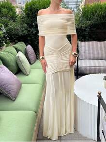 Elegant Solid Off Shoulder Ruched Bodycon Party Dress - Khaki - View 1