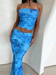 Spring/Summer Floral Print Fitted Camisole And Mini Skirt Set, Suitable For Parties And Cocktail Events - Blue - View 7