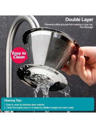 1 件不锈钢咖啡过滤器，可翻转双层漏斗，易于清洁，细网，适合单杯冲泡咖啡，带厨房配件 回到学校
