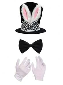 3 件套复活节服装套装，包括带耳朵的兔子帽、蝴蝶结、手套 - 角色扮演服装，适用于舞台表演、魔术表演、狂欢节 - 可手洗、无羽毛，适合新年和各种庆祝活动、舞会派对服装套装