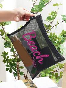 玫红色和金色闪亮字母 Maestra 网眼化妆包、口红和气垫粉扑收纳便携式化妆包、透明收纳包盥洗包旅行袋、夏威夷休闲度假风格化妆包化妆包护肤包盥洗包收纳袋、旅行必需品邮轮必需品宿舍必需品