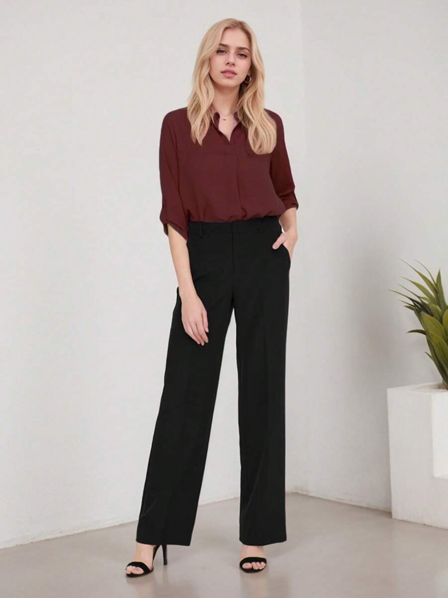 SANOPY Womens Blouses,Blouses For Women Dressy Casual,Blouses For Women Business Casual,Work Blouses For Women,Women's Casual Chiffon V Neck 3/4 Sleeve Blouse Tops - 酒紅色 - 查看 1