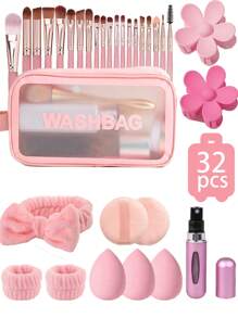Juego de 32 piezas de brochas de maquillaje, que incluye: 20 brochas de maquillaje, 1 bolsa de maquillaje, 3 esponjas de maquillaje con forma de gota de agua, 2 borlas para polvos, 1 diadema, 2 muñequeras, 2 horquillas para el cabello, 1 botella de perfume, set de brochas de maquillaje, herramientas de belleza de maquillaje variadas - Multicolor - Ver 14