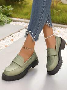女士圆头印花厚底一脚蹬乐福鞋 - 橄欖綠 - 查看 2
