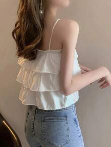 Camisola casual primavera/verano con dobladillo de volantes y unicolor para mujeres