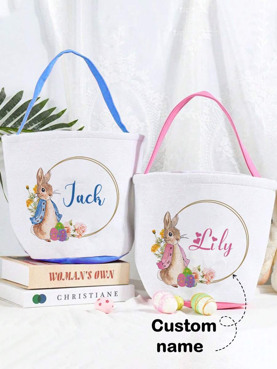 Cesta de Pascua personalizada con nombre para niños, 1 o 2 piezas, canastas de Pascua personalizadas con conejito de Pascua, canastas de Pascua personalizadas para niños y niñas, multifuncionales, ornamentales, con letras, ordenadas, suaves, coloridas, lindas, kawaii, adorables, casuales, personalizadas, únicas, para hijo e hija - Estilo A - Ver 1
