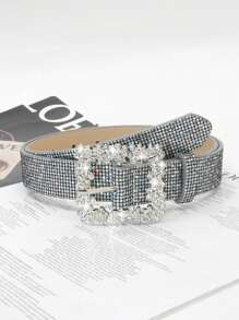 1pc Women's Crystal Embellished Buckle Shiny Sequin PU Leather Belt, Elegant And Casual For Dress And Outfit Pairing Valentines Summer, School