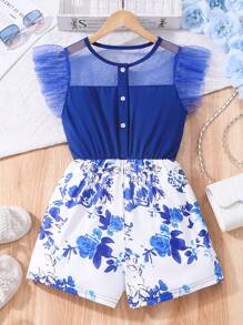 Tween Girls' Casual Cute Elegant Ruffled Mesh Patchwork Floral Print Romper, Spring & Summer - Blue - View 1