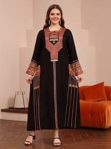 2026 New Style Ramadan Traditional Elegant Long Sleeve Dress, Colorful Gold Embroidery Arabic Women Clothing JALABIA - Black - View 7