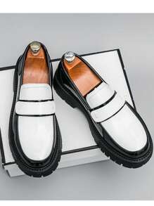 Scarpe casual da uomo con suola spessa, bicolore nero e bianco, stile coreano, stile inglese, mocassini