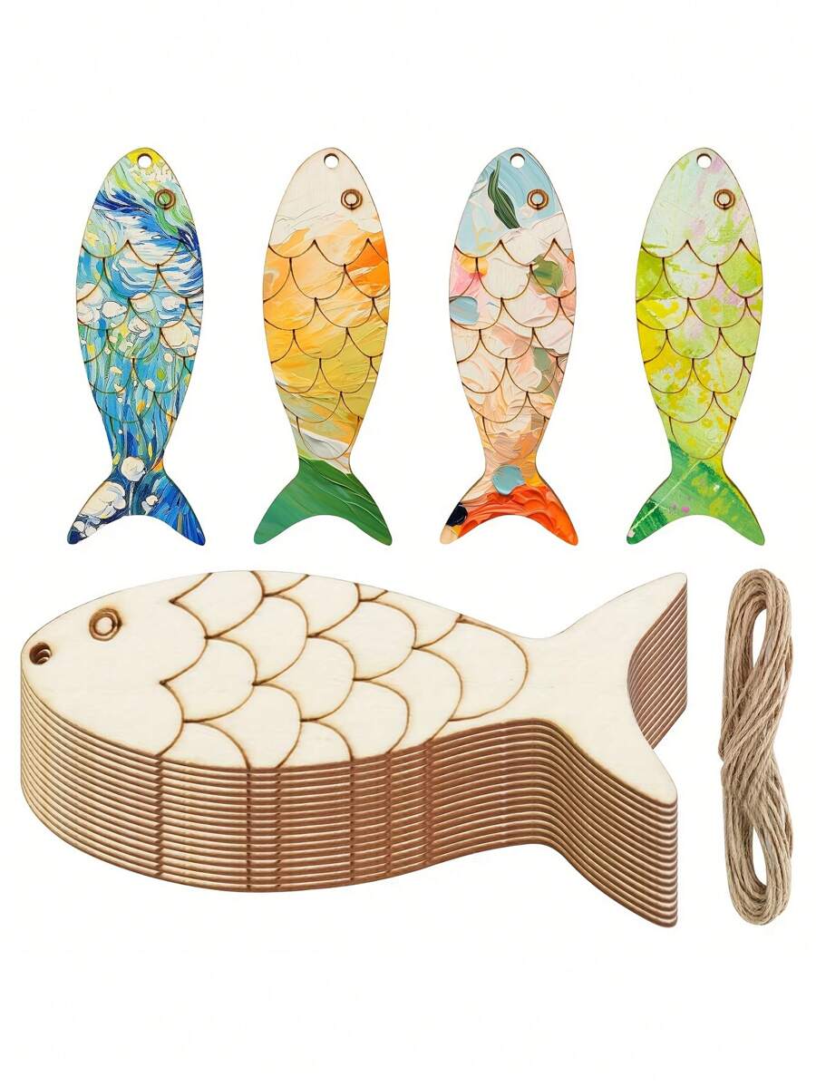 DIY Wooden 20pcs Fish Crafts With Rope - Easy-Hang, Graffiti-Ready For Marine Theme Parties & Home Decor - Multicolor - View 1