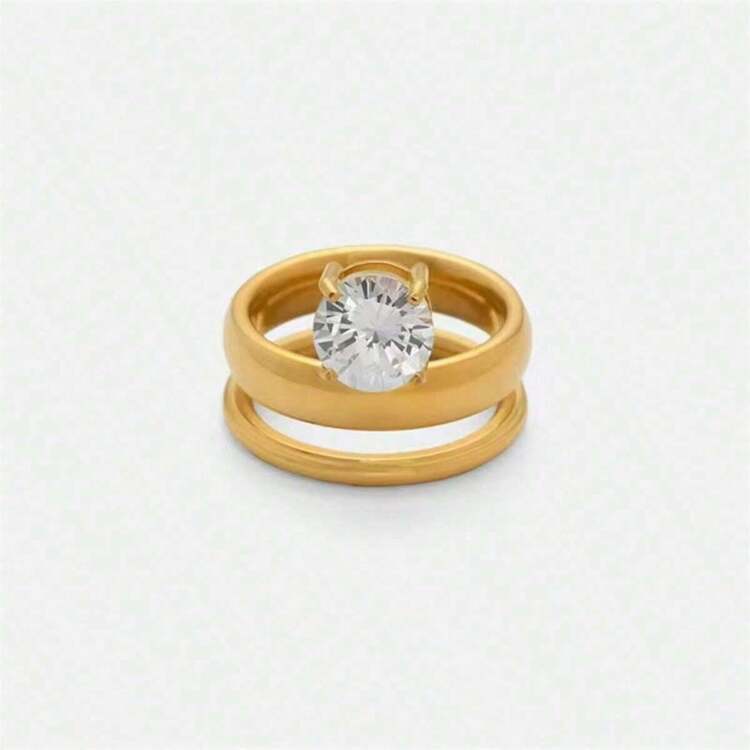 1 chiếc nhẫn hai lớp bằng thép không gỉ mạ vàng 18K cổ điển được trang trí bằng đá Cubic Zirconia, thích hợp cho phụ nữ mặc hàng ngày và mặc khi đi dự tiệc, làm quà tặng - Vàng - Xem 7