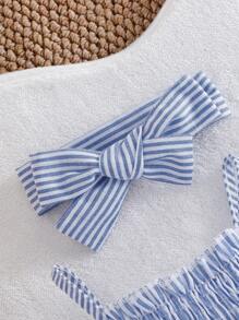 Conjunto de mono de volantes a rayas azules y blancas con diadema para bebés niñas, casual/informal para el verano