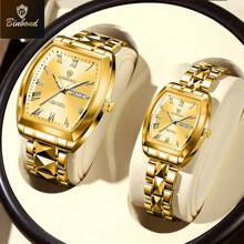 FNGEEN 男士蓝色石英表顶级豪华品牌时尚石英男士手表防水不锈钢商务日期金色腕表男士礼物 - 均碼 - 查看 5