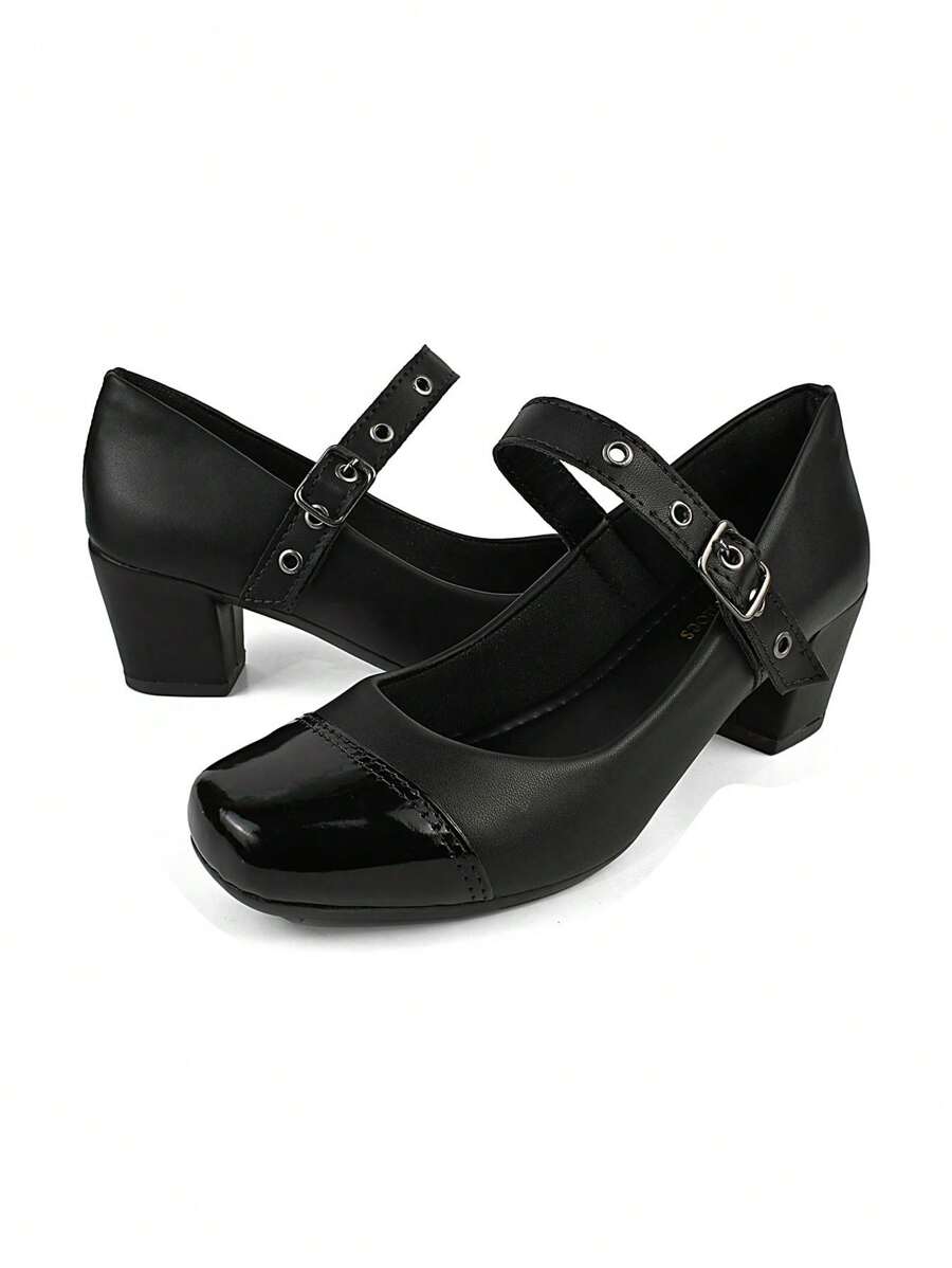 Women's Pumps Low Thick Heel Comfortable Beautiful Comfortable Square Toe - 黑色 - 查看 1