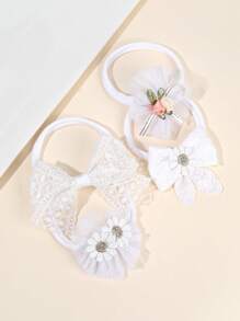 4pcs White Lace Bow Headband Baby Headband Daisy Lace Bow Hairband Wedding Elegant Headband For Toddler Girls, Infant, Newborn, Kids Baby Hair Accessories - White - View 3
