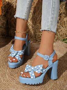 Foot Flair Women's Butterfly Decor Strap Round Toe Chunky High Heel Sandals, Beach Resort Style, Spring/Summer, Blue Open Toe - Blue - View 10