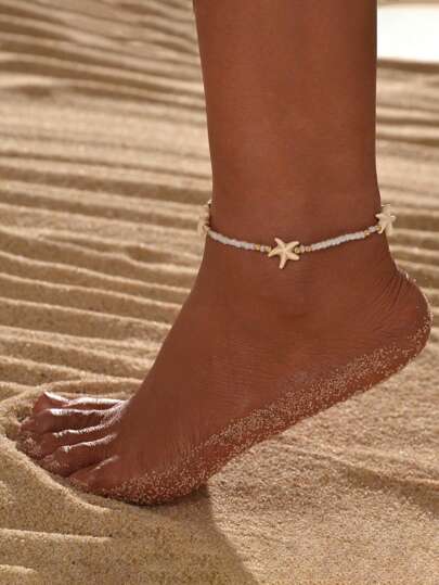 1 pieza Tobillera ajustable con estrella de mar de cuentas, joyería de estilo de vacaciones en la playa de moda para niña
