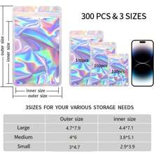 300 Pcs Holographic Mylar Bags, 3 Size Smell Proof Bags With Clear Window Foil Pouch Bags Resealable Bags For Small Business And Food Storage - 白色 - 查看 3