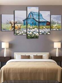 Juego de 1 pieza/5 piezas, Arte de pared en lienzo de estilo rústico y granja, Arte de pared retro contemporáneo clásico con marco, Impresión de paisaje de vaca y granero, Póster de flores silvestres de primavera y invierno, Decoración de pared estética para sala de estar, dormitorio, oficina - Impresión artística enmarcada - color - Ver 2