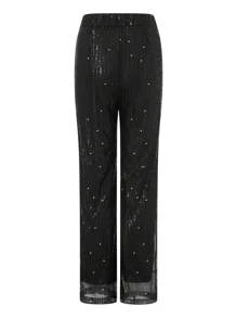 Women Sequins Wide Leg Pants Shiny Loose Casual Elastic High Waist Trousers For Work Office Streetwear - 黑色 - 查看 4