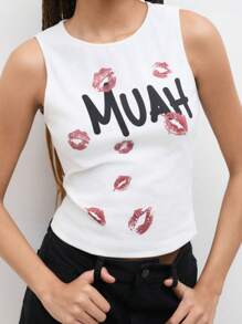 Stylish Lip & Letter Print Casual Tank Top - White - View 1