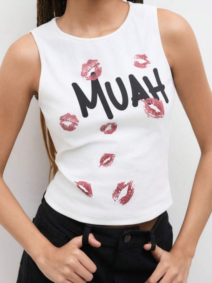 Stylish Lip & Letter Print Casual Tank Top - White - View 1