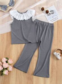 Humor Bear 2pcs/Set Girls Lace Ruffle Collar Short Sleeve T-Shirt & Bell Bottom Pants Set, Summer - Grey - View 2