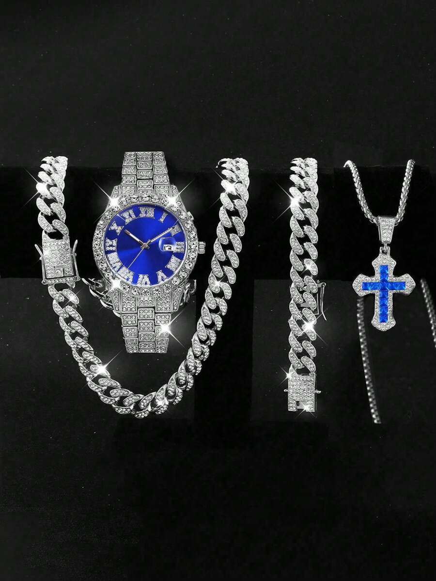 4 件男士时尚石英表套装，包括蓝色锆石吊坠、链项链和手链，完美的圣诞礼物，日历水钻手表套装 - 銀色 - 查看 1