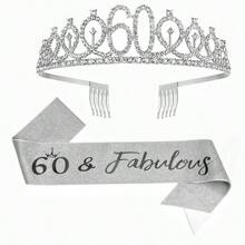 2 件套女士生日绶带和头饰，包括生日皇冠 13 岁 16 岁 18 岁 21 岁 30 岁 40 岁 50 岁 60 岁 70 岁 80 岁绶带丝带精美蜡烛和蛋糕装饰，生日女士礼物，生日快乐派对礼品，银色 - 銀色 - 查看 17