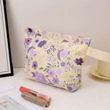 1pc Yellow Bottom Purple Flower Niche High-Grade Cosmetic Bag Portable Skincare Storage Bag Going Out Toiletry Bag Travel Essentials Holiday Essentials