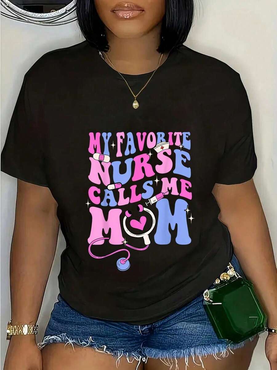 My Favorite Nurse Calls Me Mom Women's Stethoscope Print Summer Casual T-Shirt Round Neck Short Sleeve 100% Cotton 220g Thickened Cotton - 黑色 - 查看 1