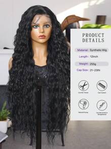 （黑色）13X4 蕾丝前假发，带婴儿头发合成纤维，日本进口，32 英寸深波浪超长假发，合成纤维耐热假发弹力网帽，适合各种种族日常聚会，高品质女士自然美丽合成柔软假纤维头发 - 黑色 - 查看 8