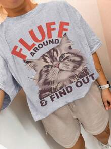 Luźna, swobodna koszulka z nadrukiem w stylu retro z motywem kota, odpowiednia na letnie wakacje, amerykański styl vintage, damska, okrągła, krótka, jednokolorowa, minimalistyczna koszulka, codzienna odzież codzienna