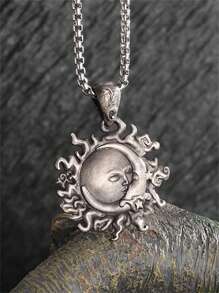 1pc Retro Punk Sun God Kissing Moon Goddess Necklace Pendant, Beautiful Romantic Love Anniversary Jewelry Gift For Girlfriend - Silver - View 1