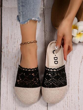 女士蕾丝镂空平底一脚蹬穆勒鞋，舒适亚麻休闲露背凉鞋，夏季