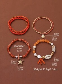 Set de 6 piezas Pulseras elásticas con conchas y estrellas de mar, estilo de vacaciones de playa rosa, adecuadas para uso diario y vacaciones de mujeres
