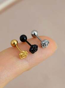 1PC Fashion Elegant Blooming Rose Flower Stud Earrings For Women Metal Screw Ball Ear Cartilage Helix Tragus Flat Conch Lobe Piercing Studs Charm Jewelry