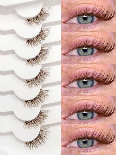  Asiteo 7对装棕色半条假睫毛，透明睫毛梗，自然眼角睫毛，猫眼妆效，柔软轻盈，适合新手，易于佩戴，日常约会适用，假睫毛，睫毛，假睫毛