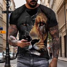 1 件男士运动休闲圆领针织 T 恤，带 3D 狮子数码印花，适合夏季户外、跑步、训练 - 彩色 - 查看 10