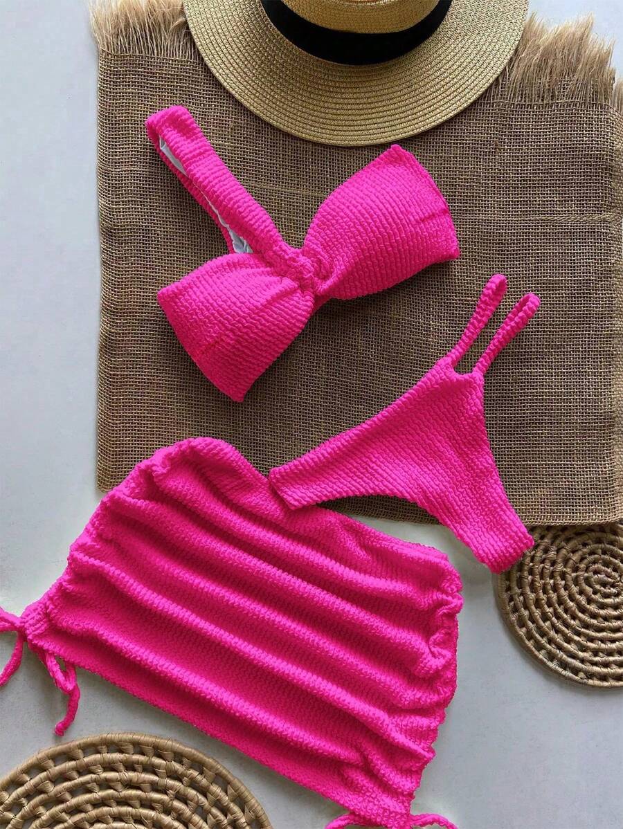 欧美风性感单肩3件套纹理比基尼泳装 - 粉色 - 查看 1