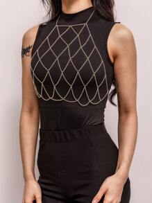 1 件时尚金属几何网状比基尼身体链，性感多层镂空胸项链，适合海滩度假 - 金色 - 查看 2