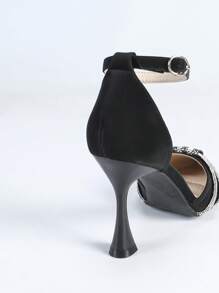 女士绑带水钻装饰高跟踝带浅口鞋，性感尖头镂空纯色派对鞋 - 黑色 - 查看 7